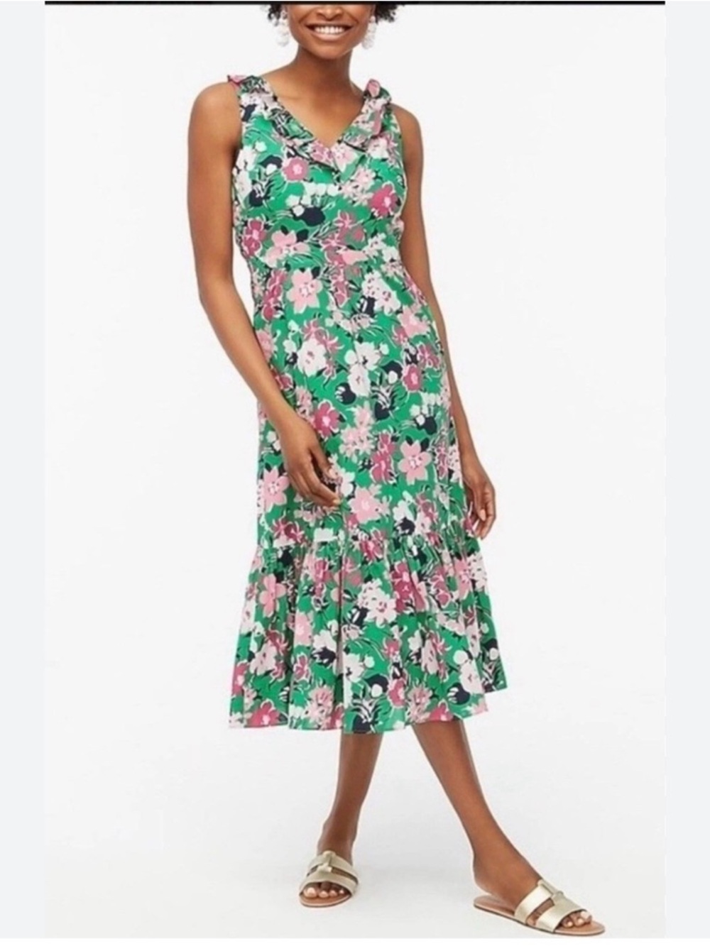 J.Crew Reimagined Floral Tiered Midi Dress Green Pink Ruffle 6